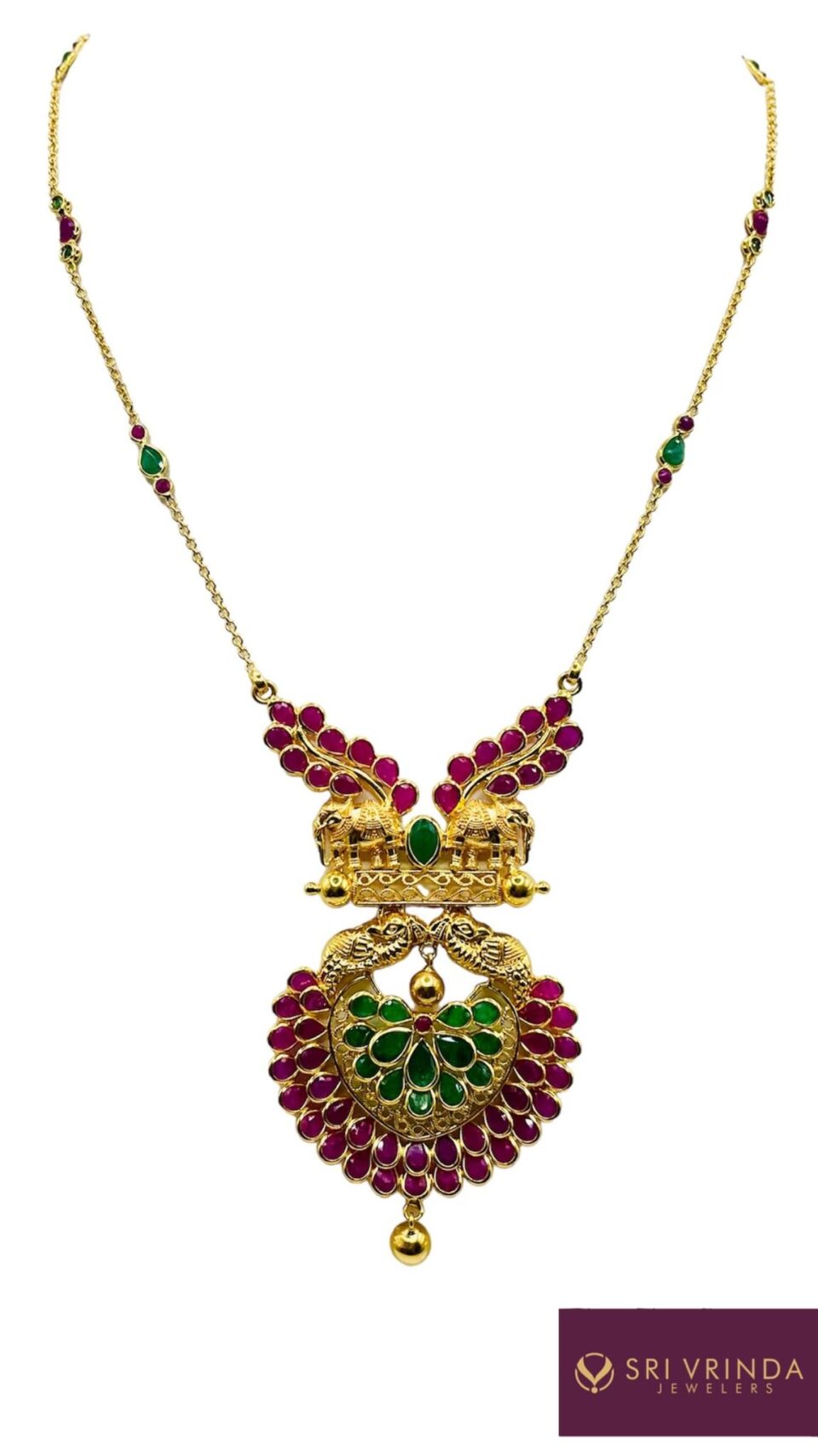 22kt gold ruby emerald elephant pedant necklace set (31.15 gms)